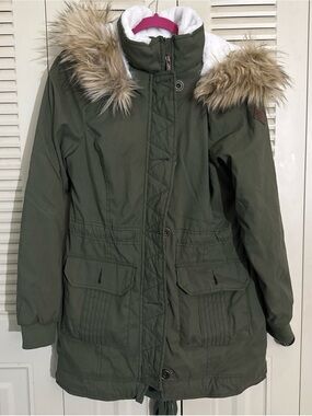 Hollister Heritage Green Faux Fur Trim Hooded Parka Jacket Women's Stretch Sz M